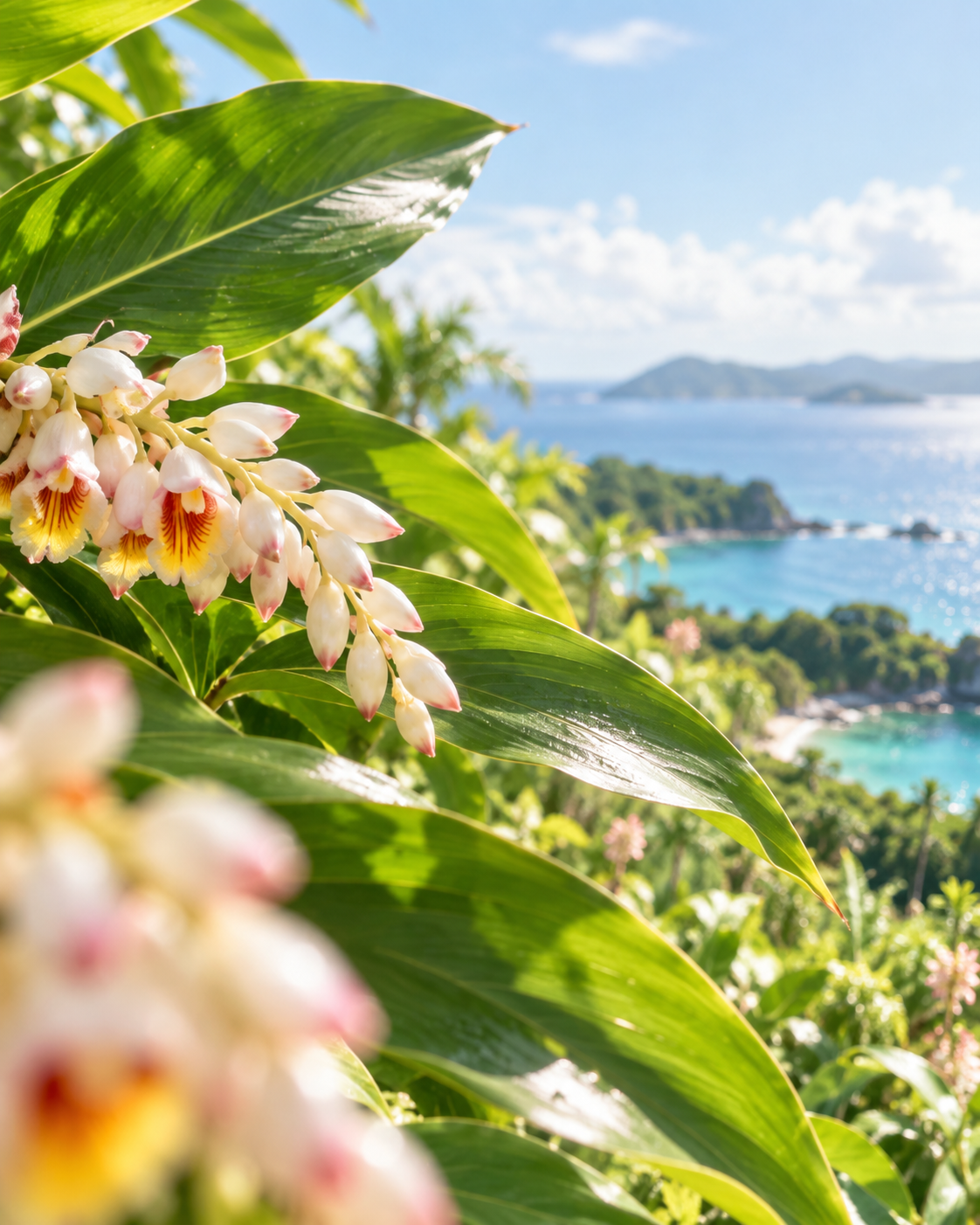 月桃の花と輝く南国の海